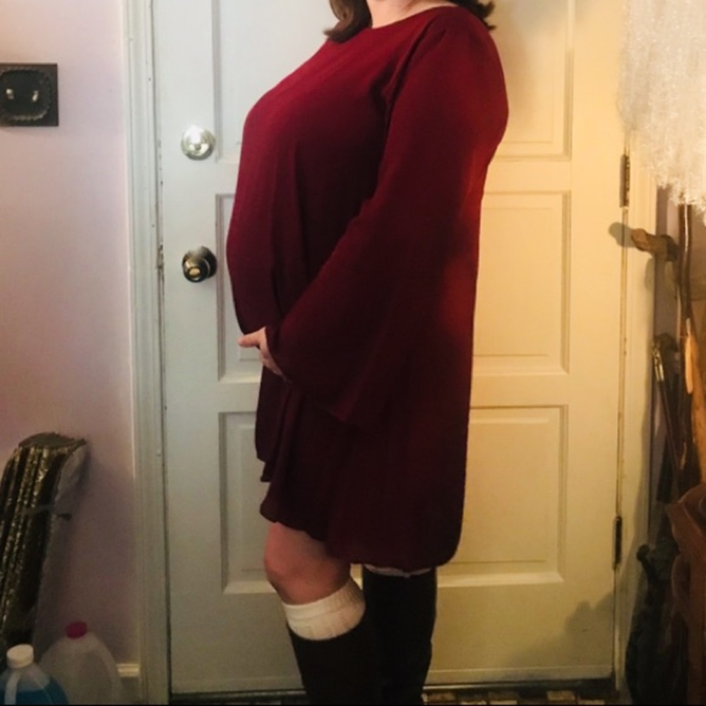 Burgundy Chiffon Bell Sleeve Maternity Dress - Picture 2 of 3